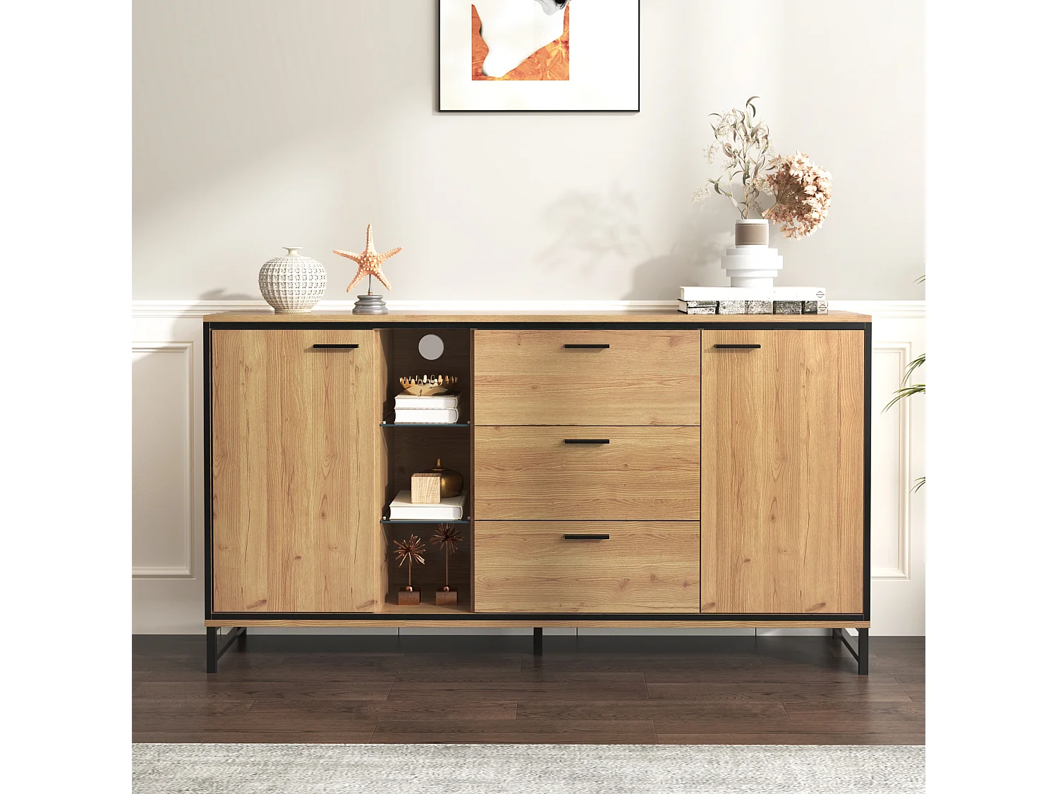 Buffet 160x40x85cm avec 3 tiroirs, 2 portes, 3 niches et LED, corps en placage bois naturel clair