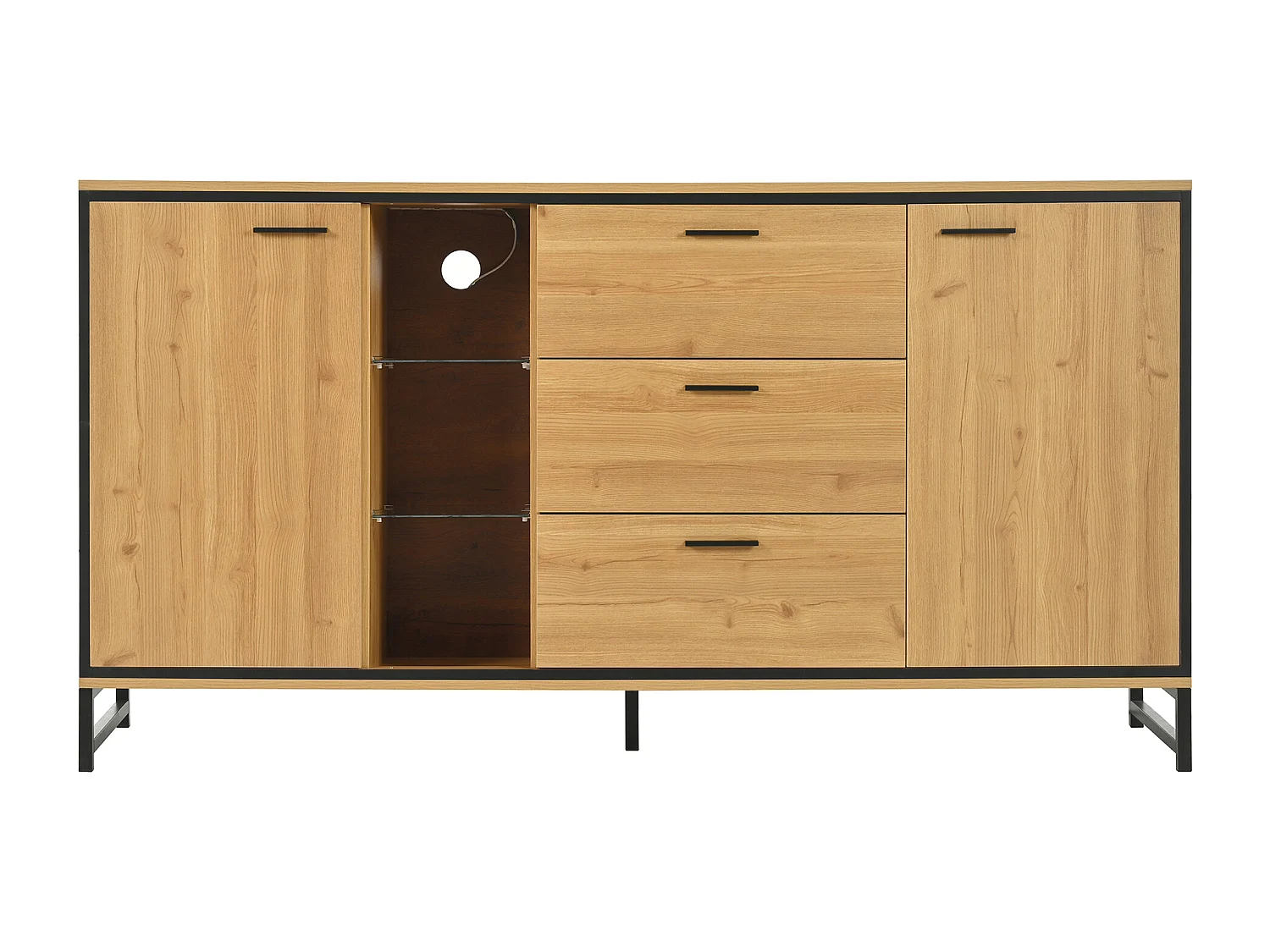 Buffet 160x40x85cm avec 3 tiroirs, 2 portes, 3 niches et LED, corps en placage bois naturel clair