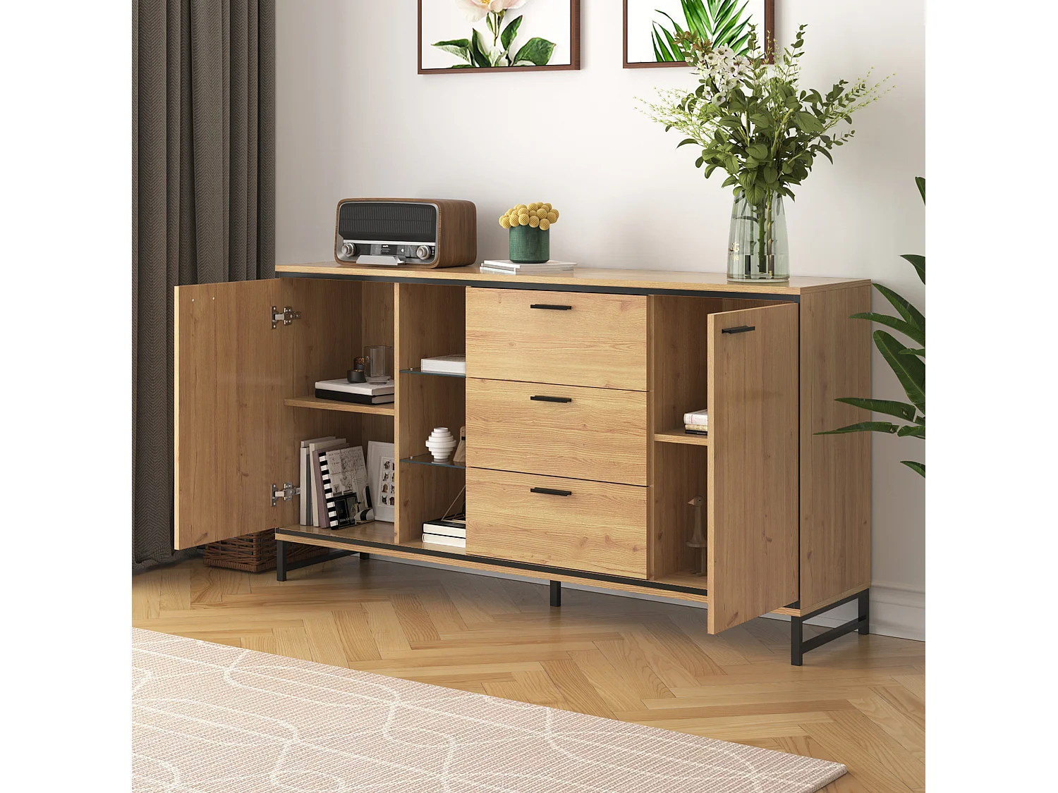 Buffet 160x40x85cm avec 3 tiroirs, 2 portes, 3 niches et LED, corps en placage bois naturel clair