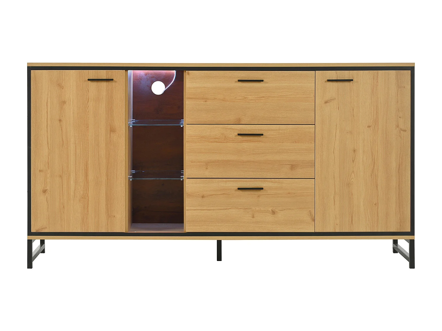 Buffet 160x40x85cm avec 3 tiroirs, 2 portes, 3 niches et LED, corps en placage bois naturel clair