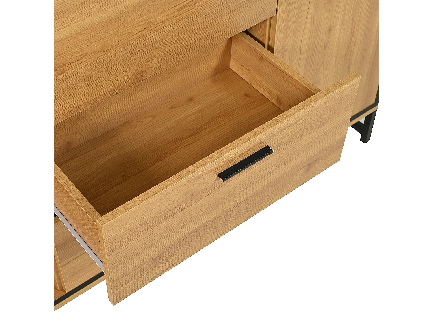 Buffet 160x40x85cm avec 3 tiroirs, 2 portes, 3 niches et LED, corps en placage bois naturel clair