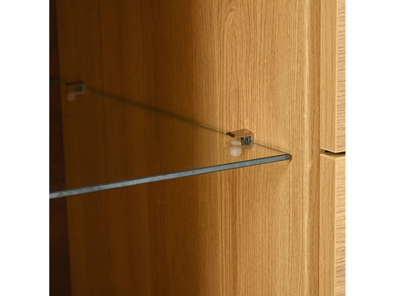 Buffet 160x40x85cm avec 3 tiroirs, 2 portes, 3 niches et LED, corps en placage bois naturel clair