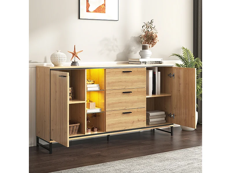 Buffet 160x40x85cm avec 3 tiroirs, 2 portes, 3 niches et LED, corps en placage bois naturel clair