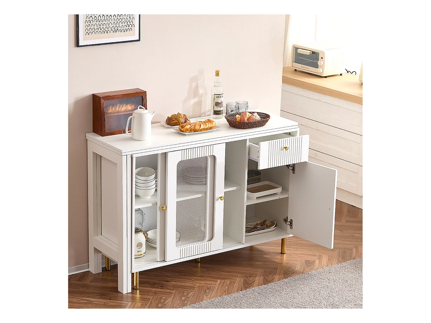 Buffet 122x80x82cm avec 3 portes et 1 tiroir, plateau extensible et pivotant, corps blanc