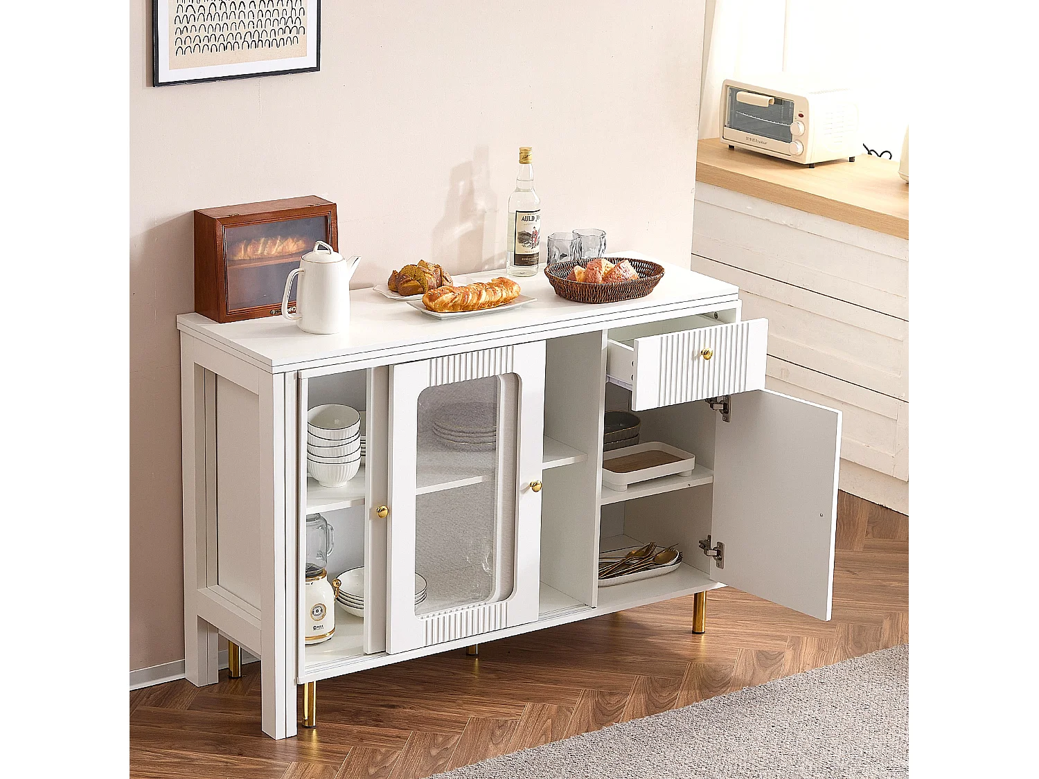 Dressoir 122x80x82cm met 3 deuren en 1 lade, uitschuifbaar en draaibaar bovenblad, witte behuizing