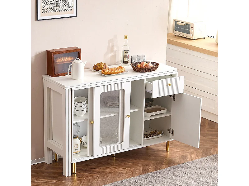 Dressoir 122x80x82cm met 3 deuren en 1 lade, uitschuifbaar en draaibaar bovenblad, witte behuizing