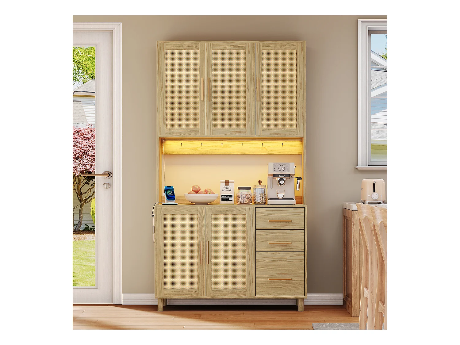 Buffet de cuisine 100x40x183cm avec 5 portes en rotin et 3 tiroirs, LED et port USB inclus, corps naturel