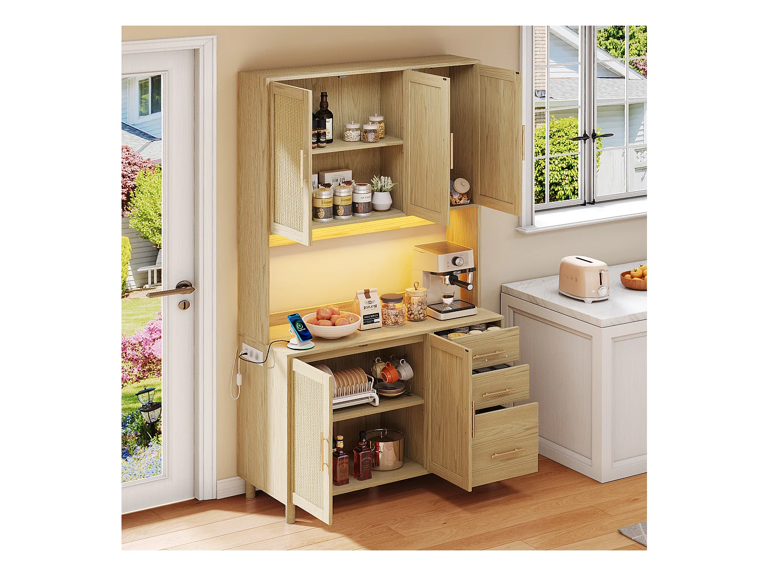 Buffet de cuisine 100x40x183cm avec 5 portes en rotin et 3 tiroirs, LED et port USB inclus, corps naturel