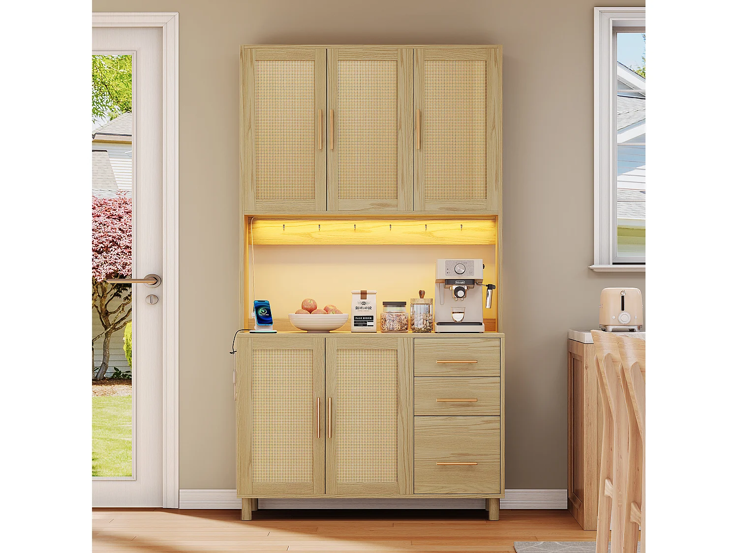 Aparador de cozinha 100x40x183cm com 5 portas de vime e 3 gavetas, LED e porta USB incluídos, corpo natural