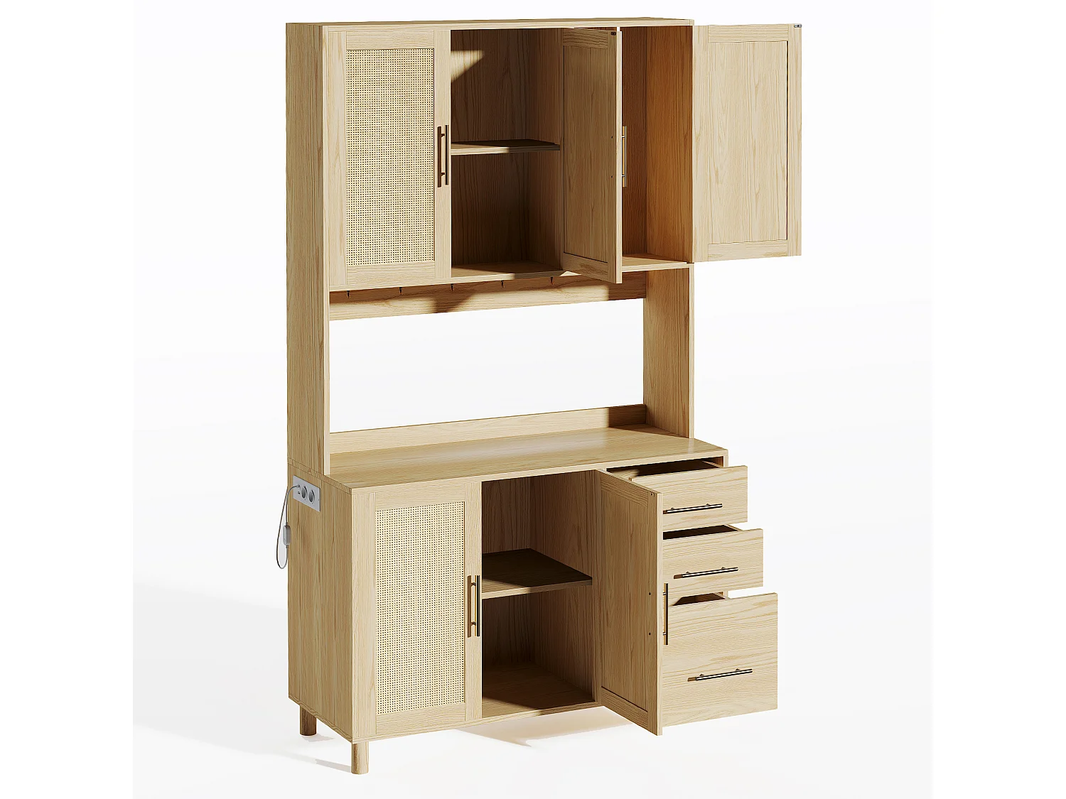 Aparador de cozinha 100x40x183cm com 5 portas de vime e 3 gavetas, LED e porta USB incluídos, corpo natural