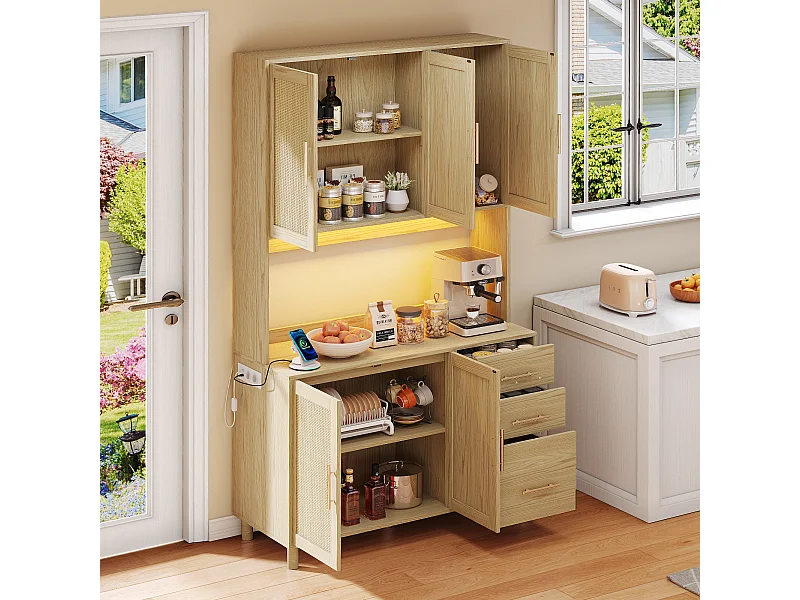 Aparador de cozinha 100x40x183cm com 5 portas de vime e 3 gavetas, LED e porta USB incluídos, corpo natural