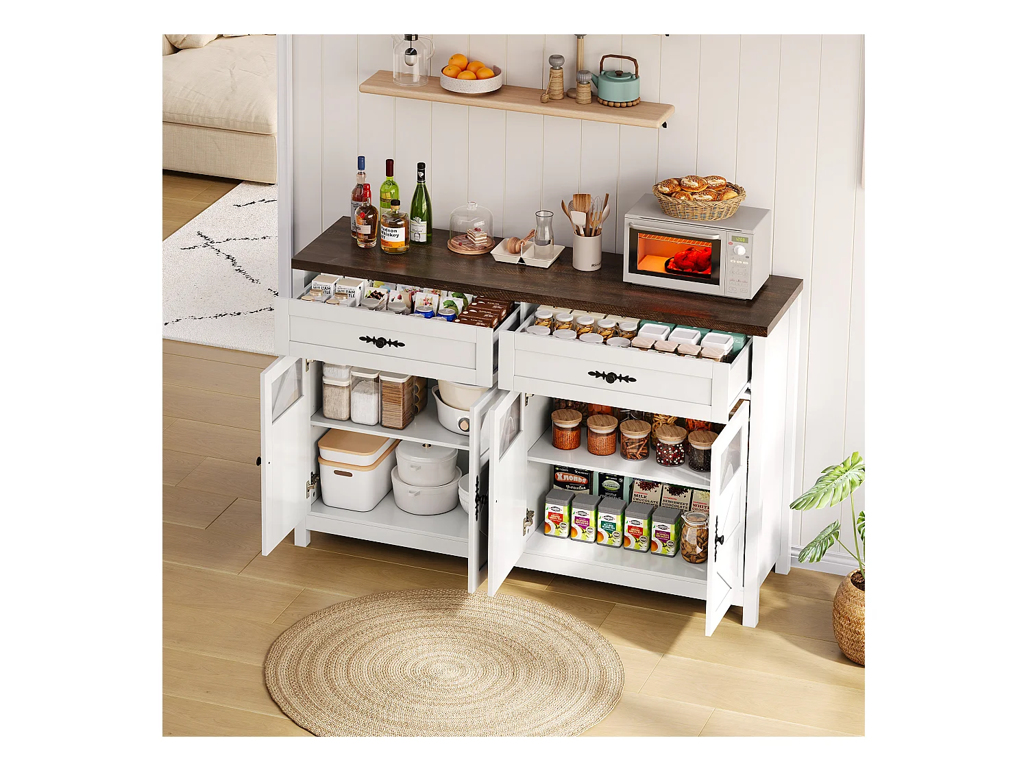Buffet 140x39x90cm avec 2 tiroirs et 4 portes, plateau en placage noyer, corps blanc