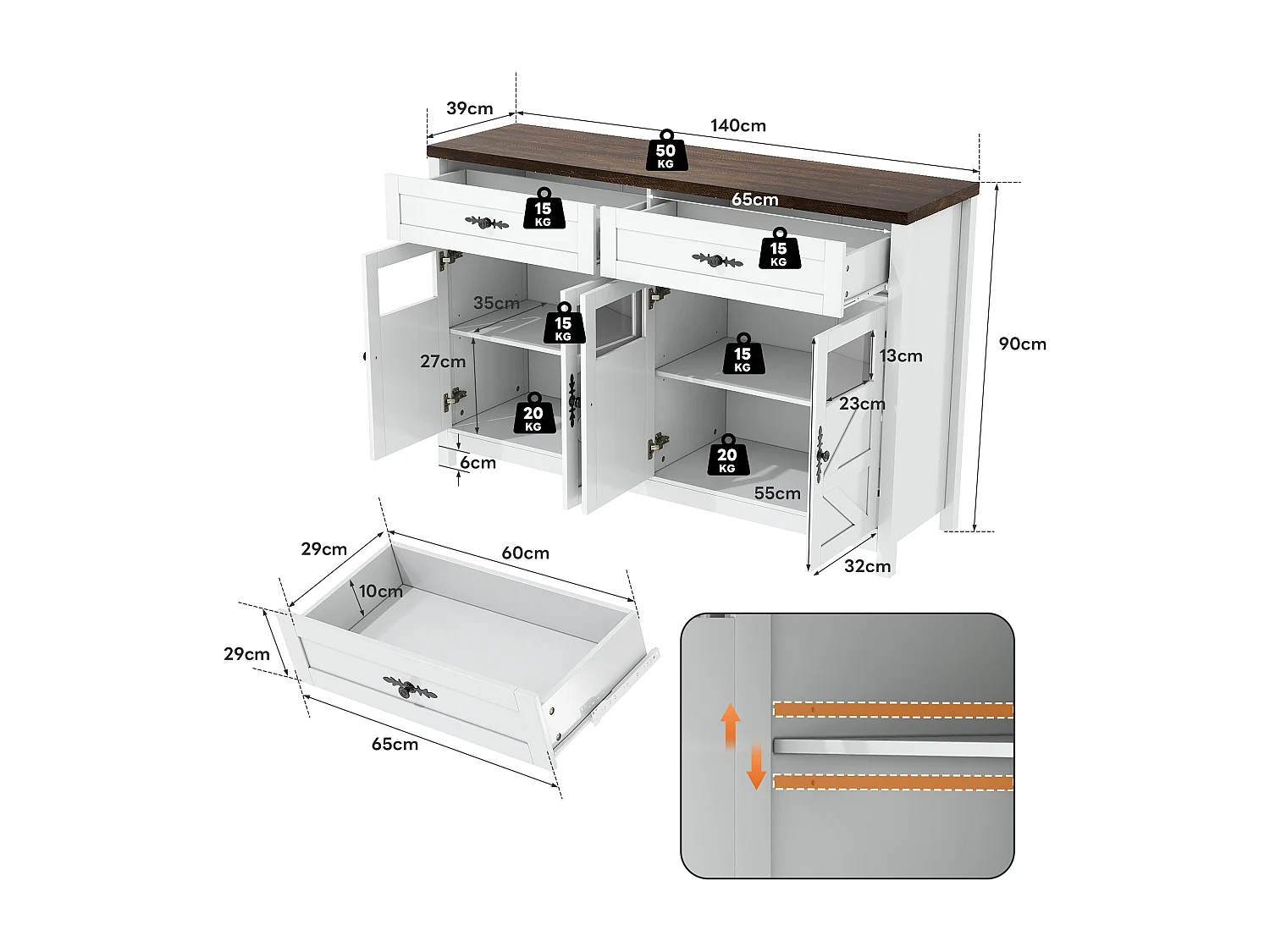 Dressoir 140x39x90cm met 2 lades en 4 deuren, bovenblad van notenhoutfineer, onderstel wit
