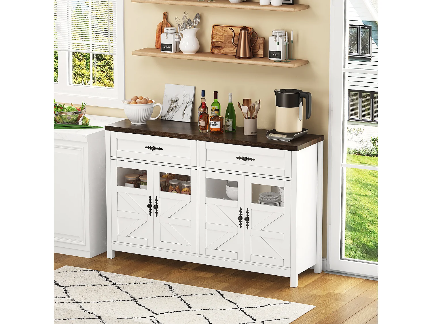 Dressoir 140x39x90cm met 2 lades en 4 deuren, bovenblad van notenhoutfineer, onderstel wit