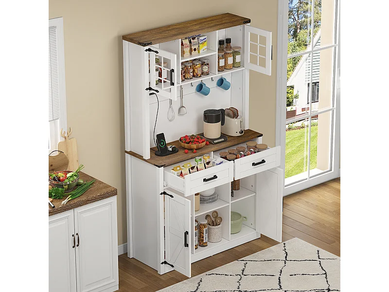 Buffet de cuisine avec 4 portes, 2 tiroirs et 4 niches, LED et USB inclus, blanc et naturel