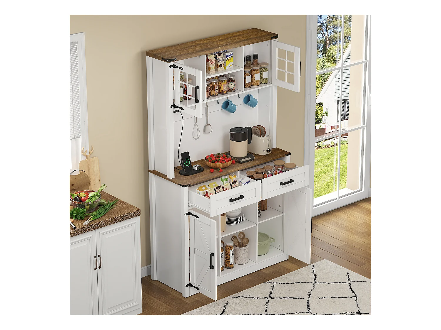 Buffet de cuisine avec 4 portes, 2 tiroirs et 4 niches, LED et USB inclus, blanc et naturel