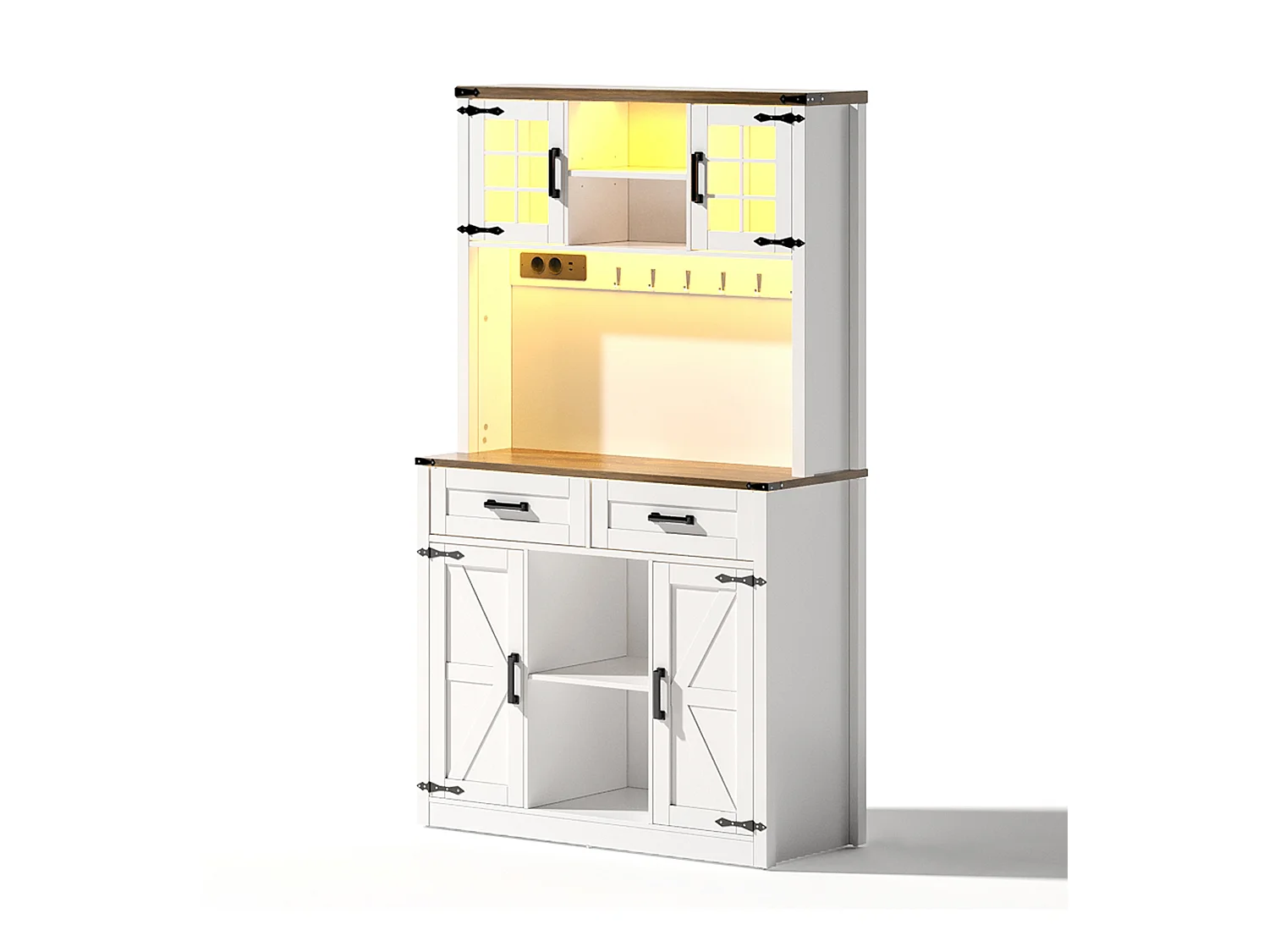Buffet de cuisine avec 4 portes, 2 tiroirs et 4 niches, LED et USB inclus, blanc et naturel