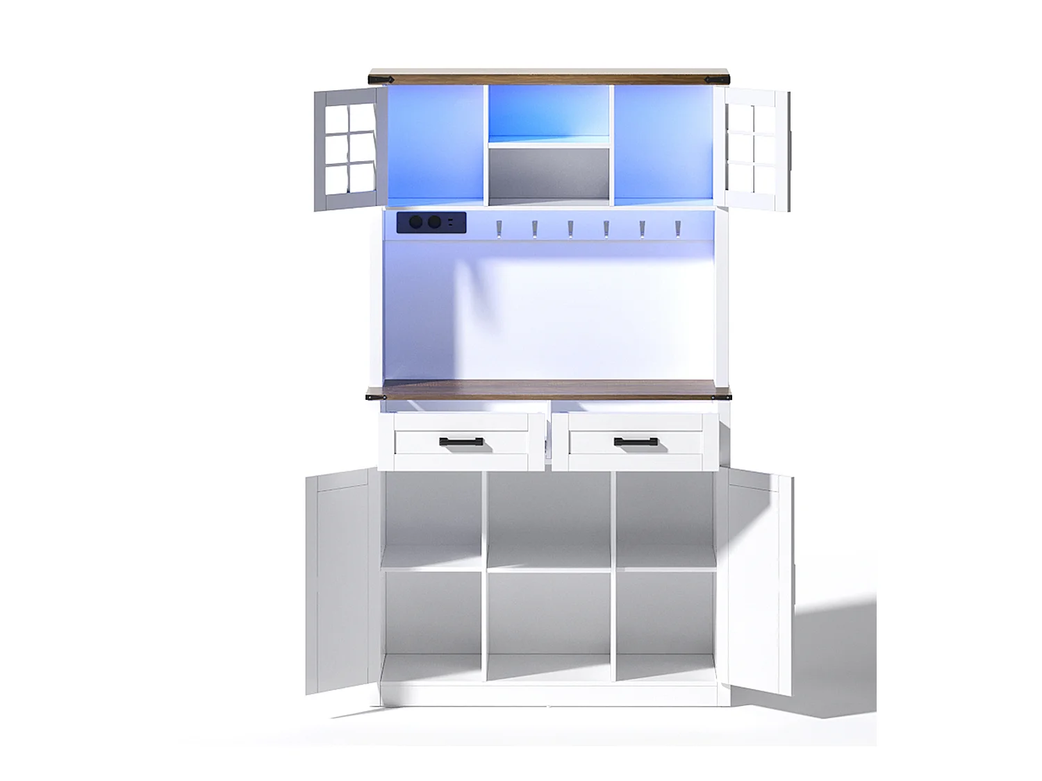 Buffet de cuisine avec 4 portes, 2 tiroirs et 4 niches, LED et USB inclus, blanc et naturel