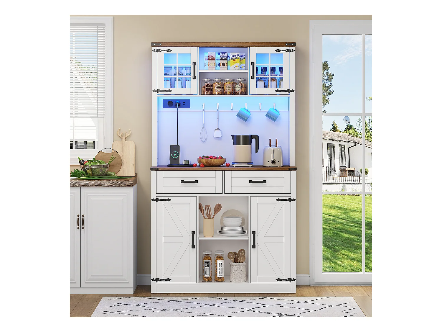Buffet de cuisine avec 4 portes, 2 tiroirs et 4 niches, LED et USB inclus, blanc et naturel