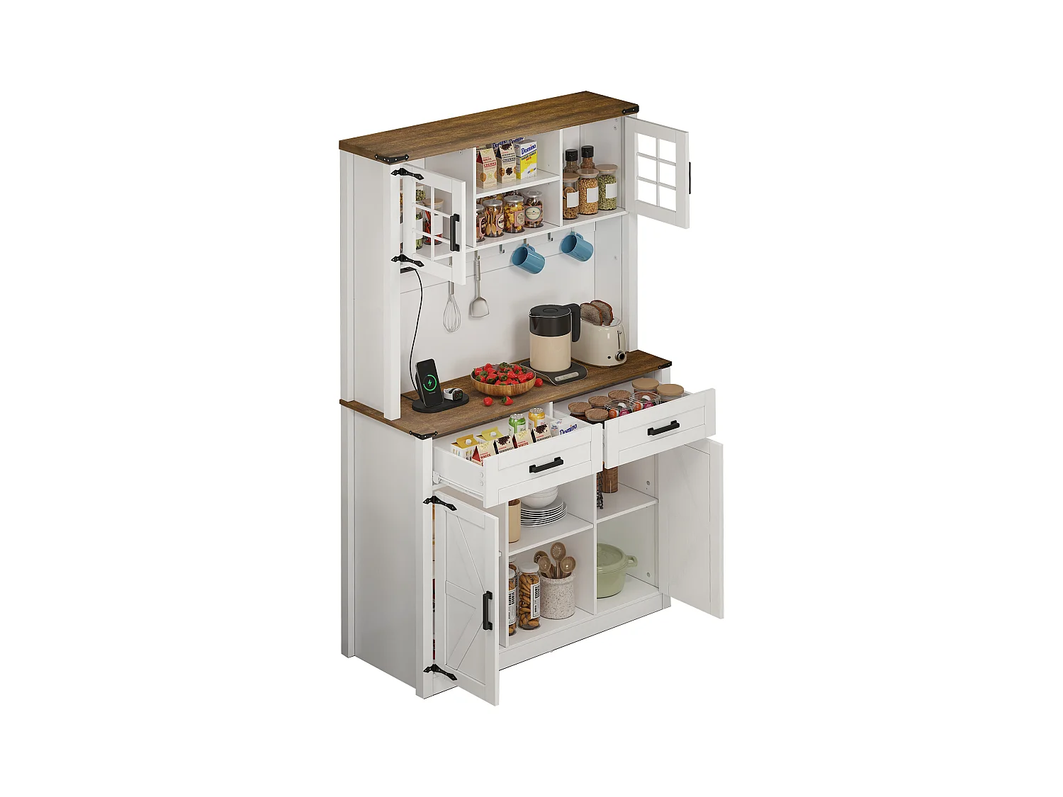 Buffet de cuisine avec 4 portes, 2 tiroirs et 4 niches, LED et USB inclus, blanc et naturel