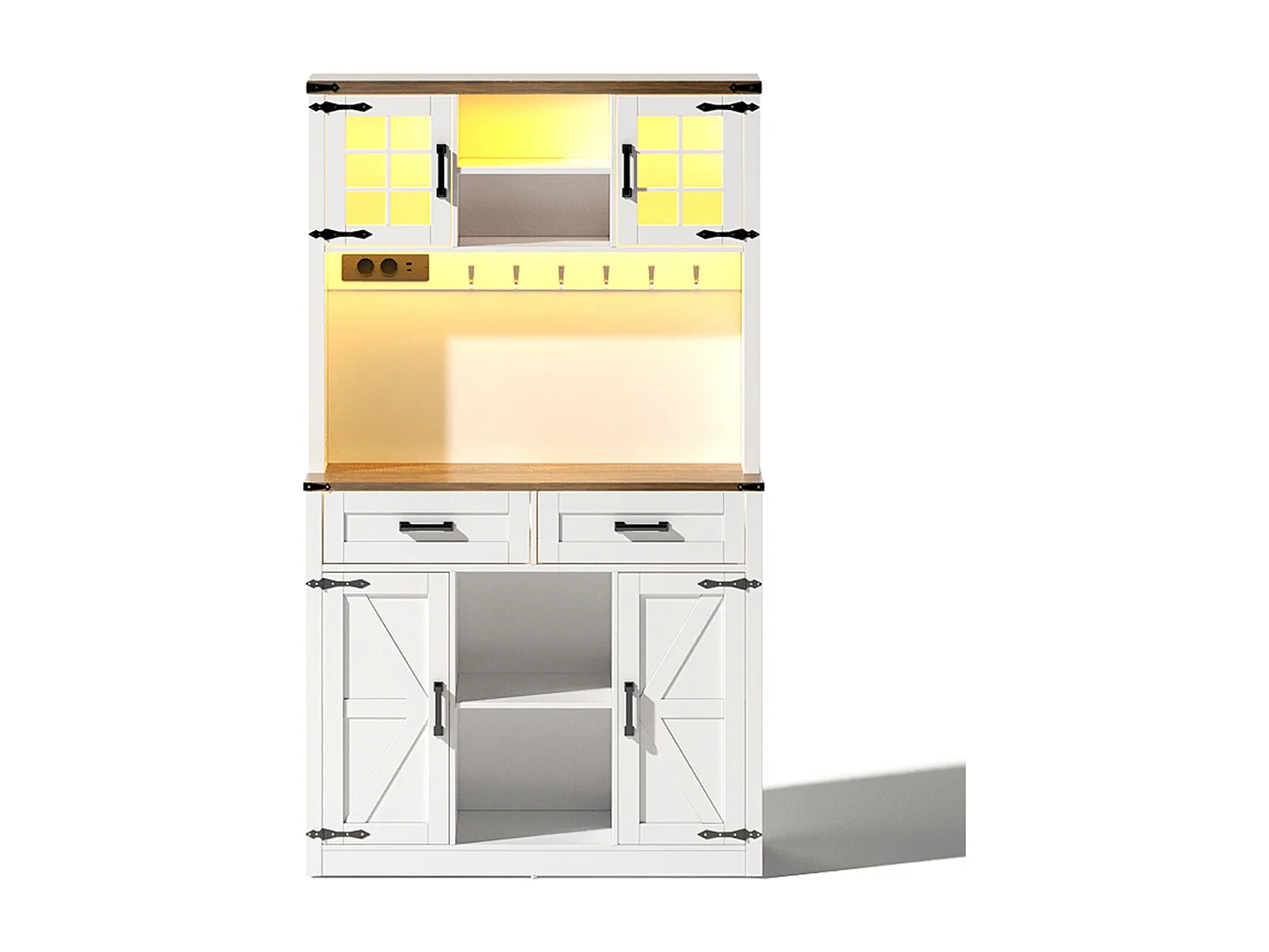 Aparador de cozinha com 4 portas, 2 gavetas e 4 nichos, LED e USB incluídos, branco e natural