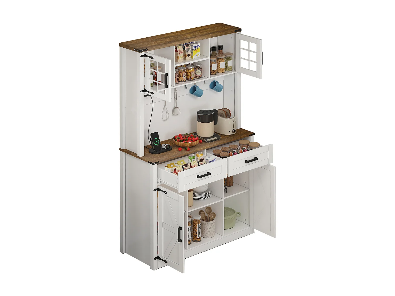 Aparador de cozinha com 4 portas, 2 gavetas e 4 nichos, LED e USB incluídos, branco e natural