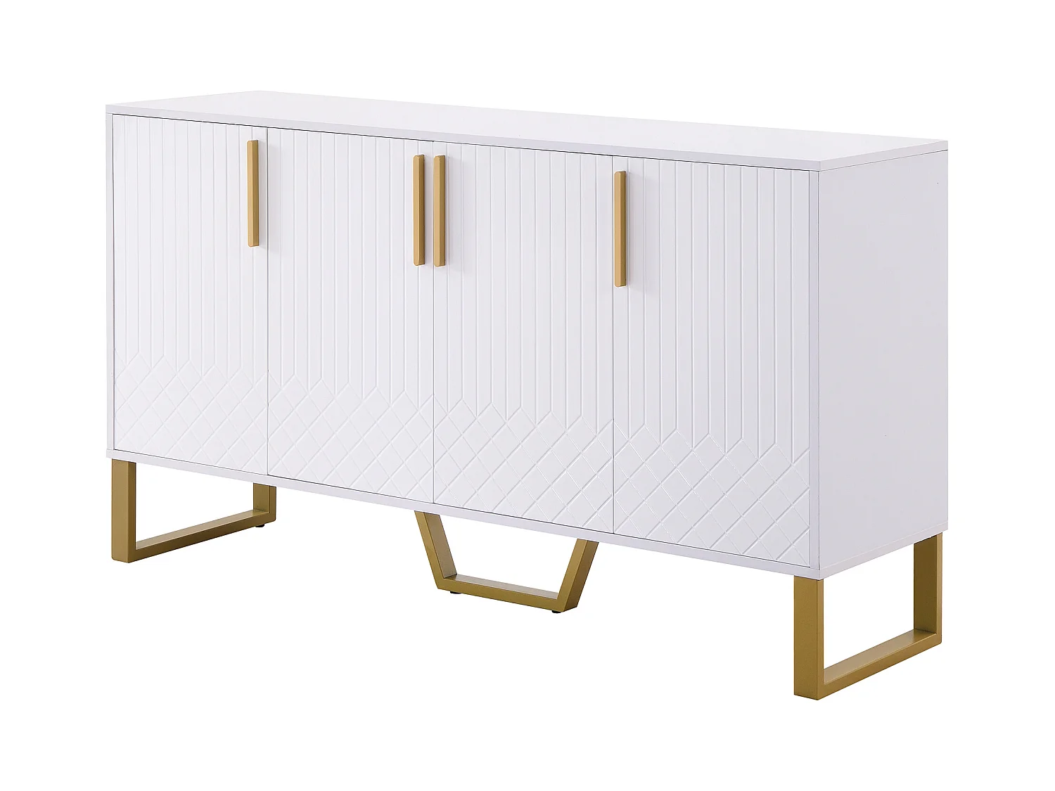 Buffet 140x40x80cm avec 4 portes, poignées et pieds en métal doré, corps en MDF blanc laqué
