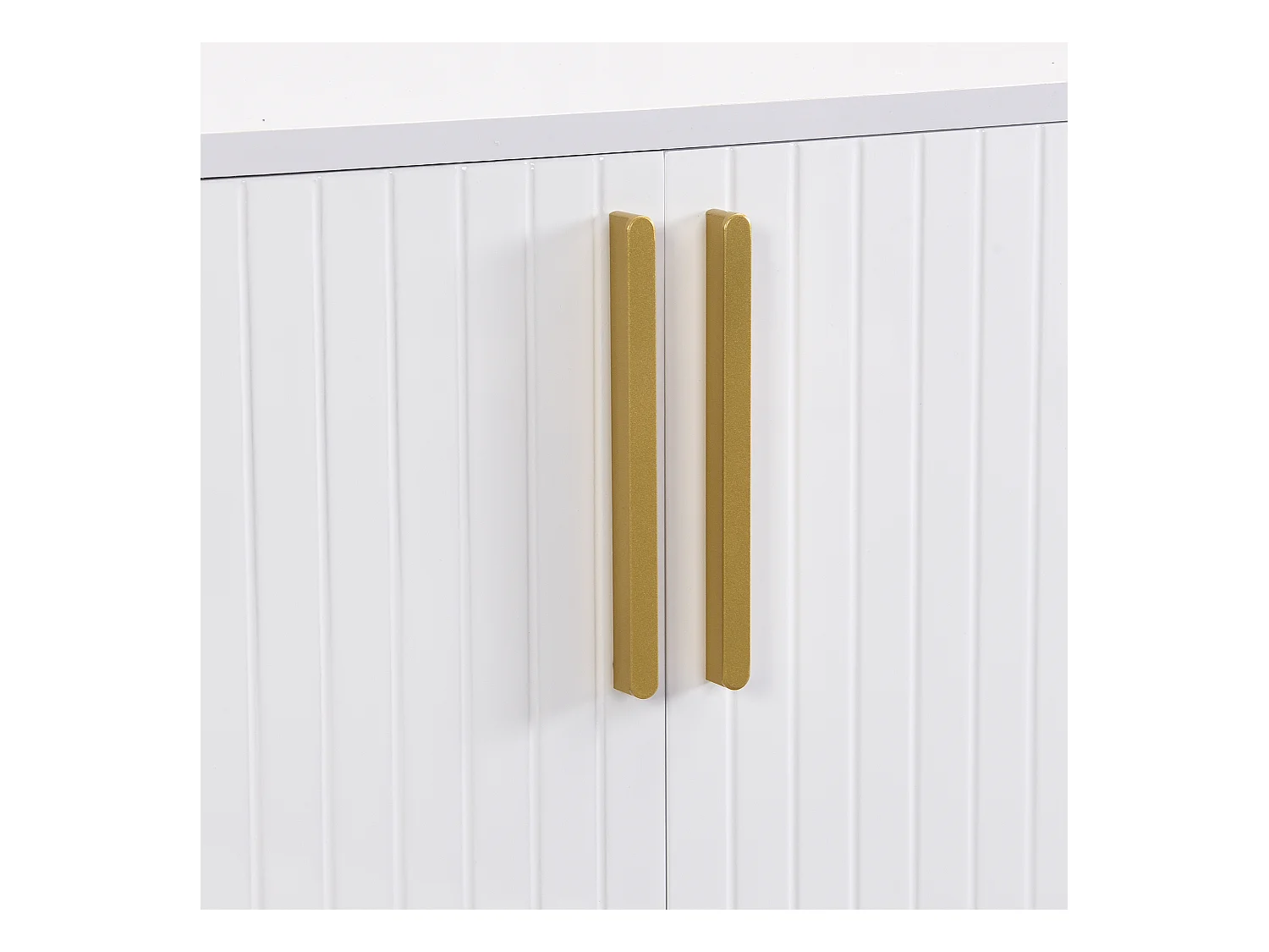 Buffet 140x40x80cm avec 4 portes, poignées et pieds en métal doré, corps en MDF blanc laqué