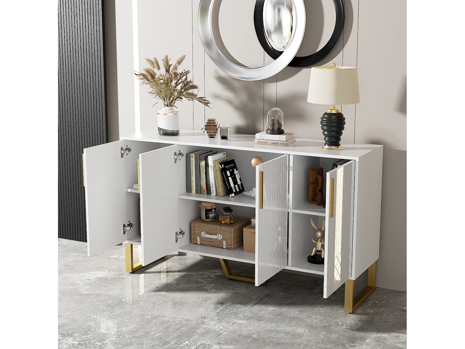 Aparador 140x40x80cm com 4 portas, puxadores e pés em metal dourado, corpo em MDF lacado branco