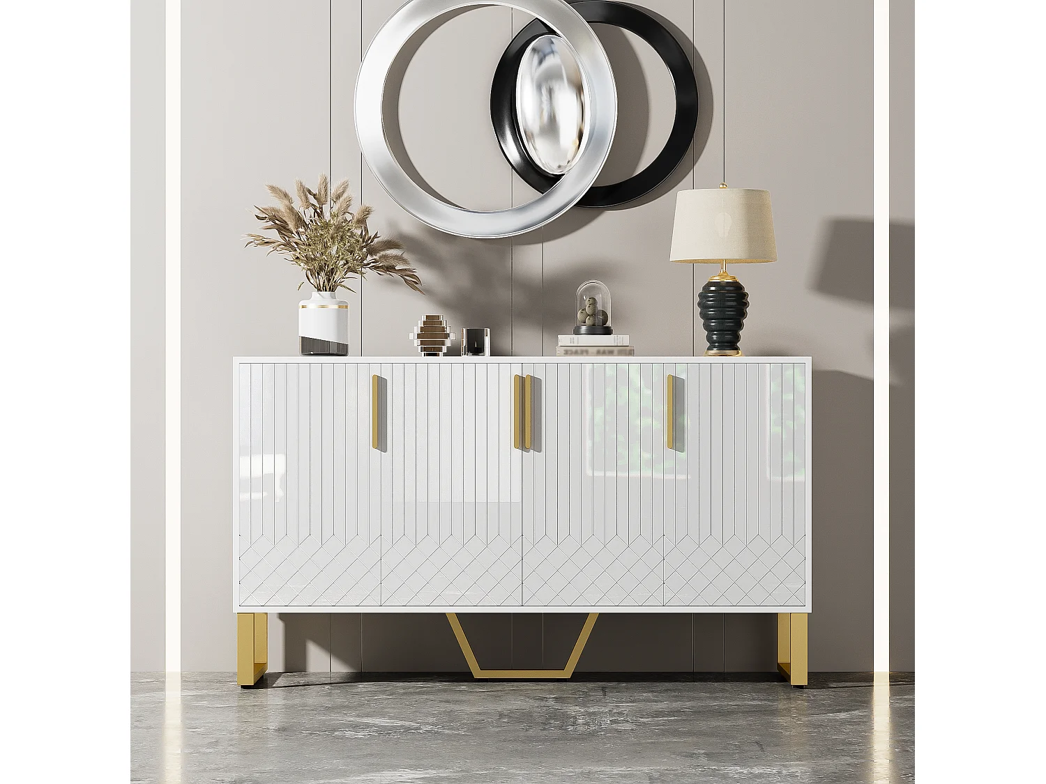 Aparador 140x40x80cm com 4 portas, puxadores e pés em metal dourado, corpo em MDF lacado branco