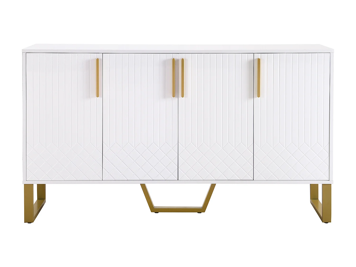 Aparador 140x40x80cm com 4 portas, puxadores e pés em metal dourado, corpo em MDF lacado branco
