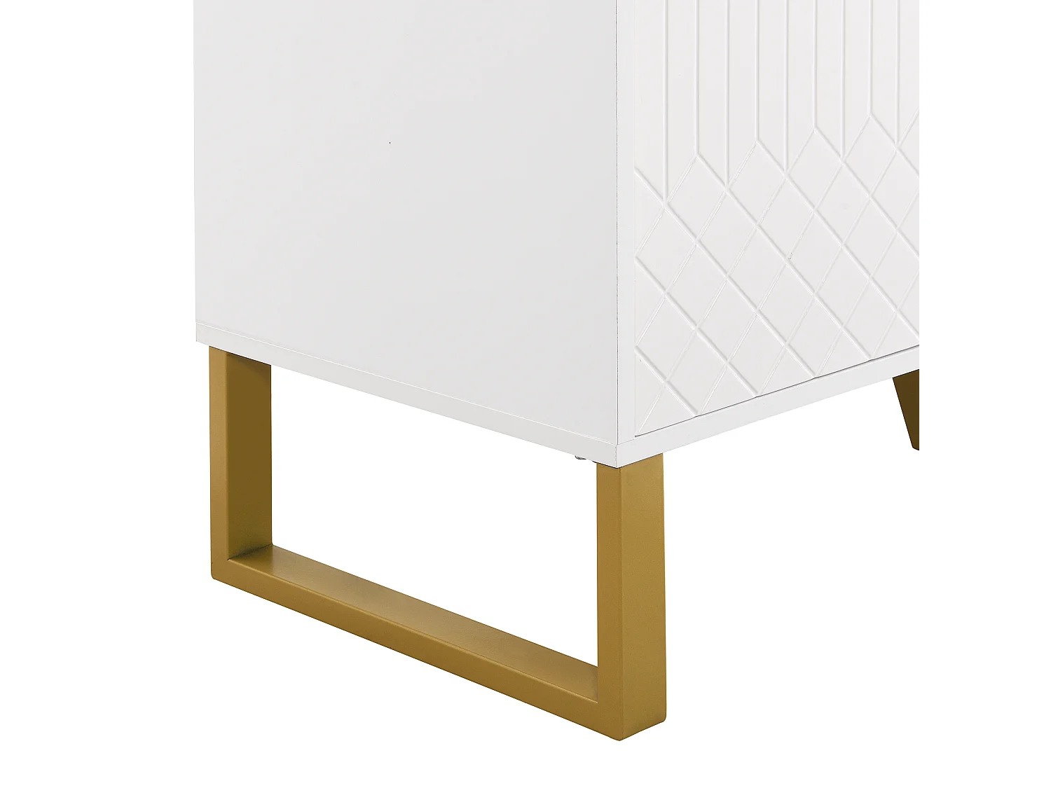 Aparador 140x40x80cm com 4 portas, puxadores e pés em metal dourado, corpo em MDF lacado branco