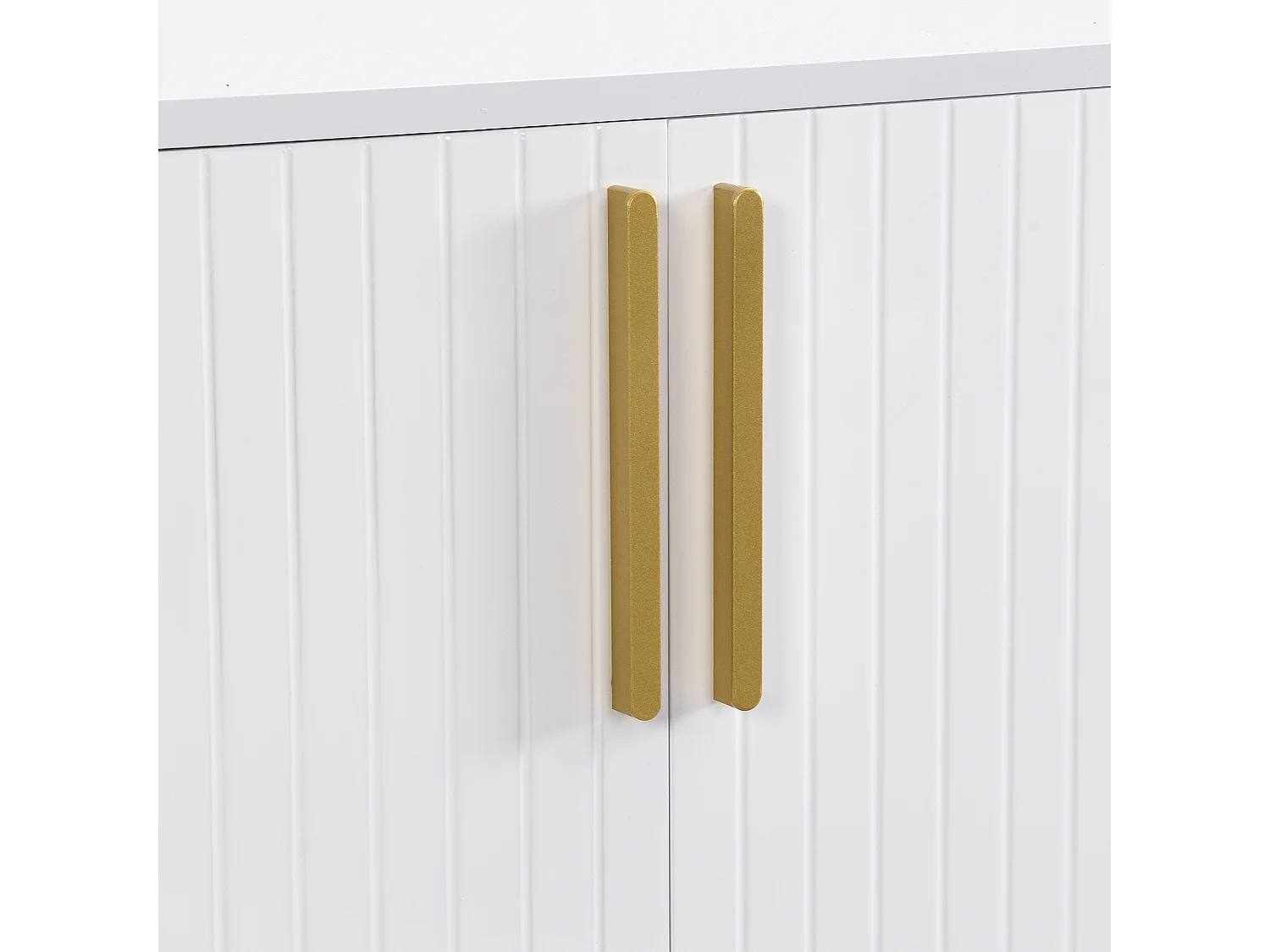 Aparador 140x40x80cm com 4 portas, puxadores e pés em metal dourado, corpo em MDF lacado branco