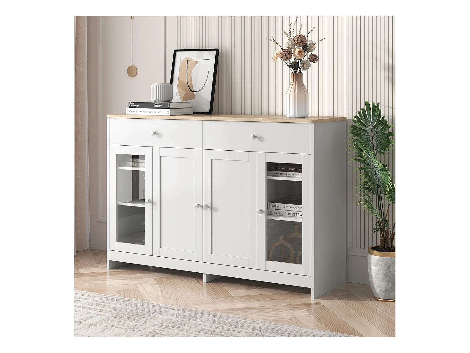 Buffet 120x37x80cm avec 4 portes et 2 tiroirs, blanc, plateau en finition bois naturel