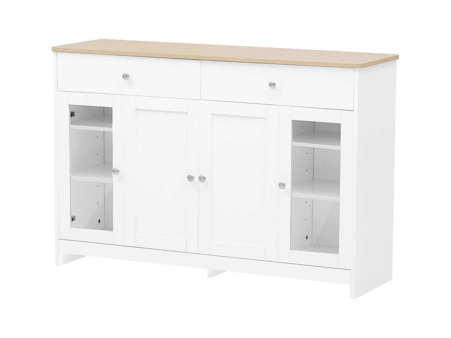 Buffet 120x37x80cm avec 4 portes et 2 tiroirs, blanc, plateau en finition bois naturel