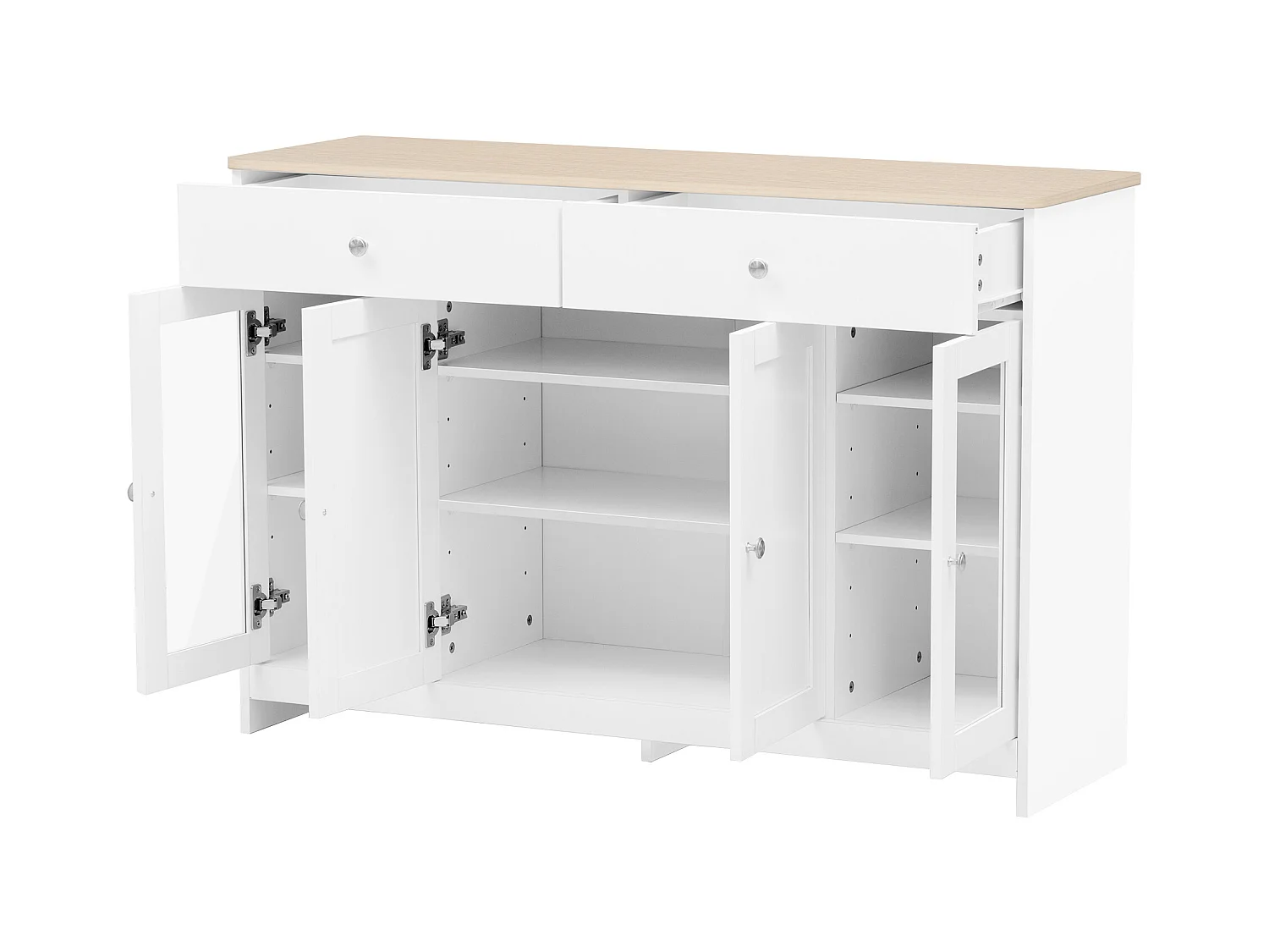 Buffet 120x37x80cm avec 4 portes et 2 tiroirs, blanc, plateau en finition bois naturel
