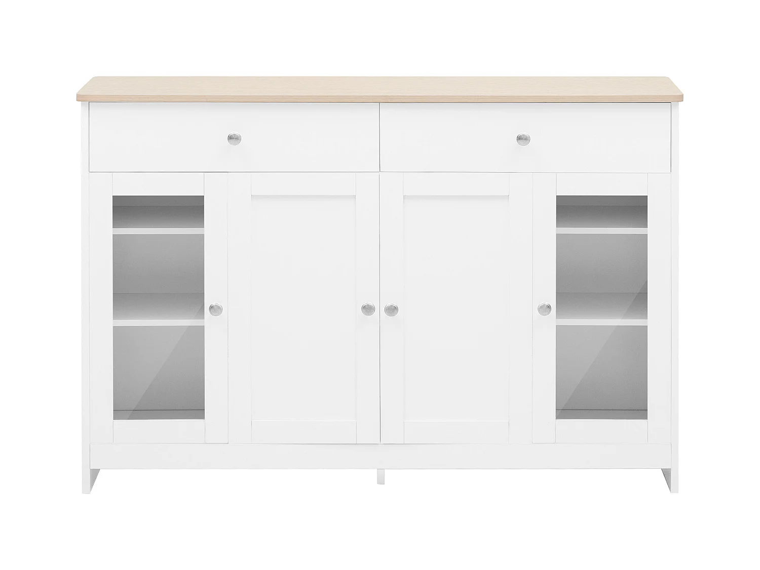 Buffet 120x37x80cm avec 4 portes et 2 tiroirs, blanc, plateau en finition bois naturel