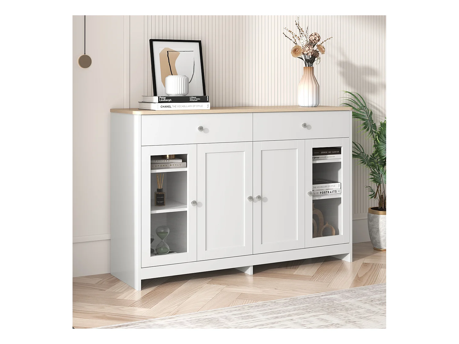 Buffet 120x37x80cm avec 4 portes et 2 tiroirs, blanc, plateau en finition bois naturel