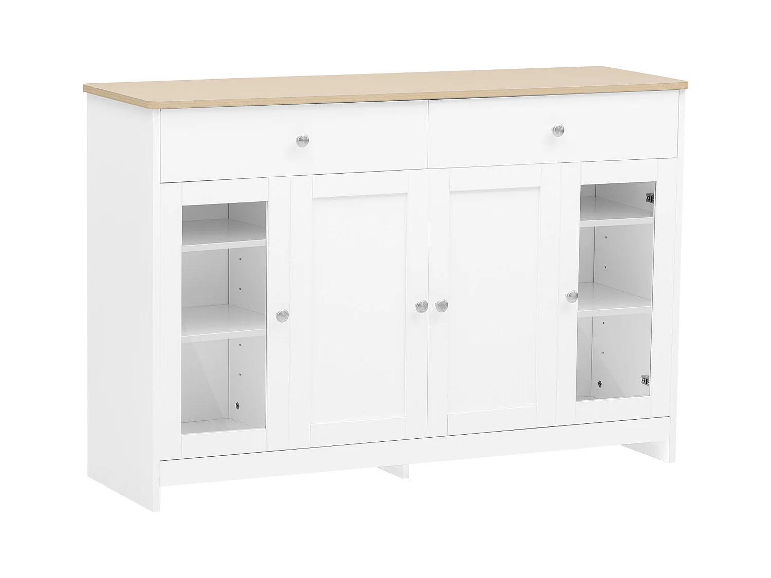 Buffet 120x37x80cm avec 4 portes et 2 tiroirs, blanc, plateau en finition bois naturel