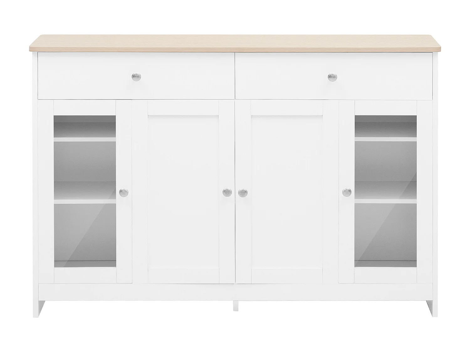 Buffet 120x37x80cm avec 4 portes et 2 tiroirs, blanc, plateau en finition bois naturel