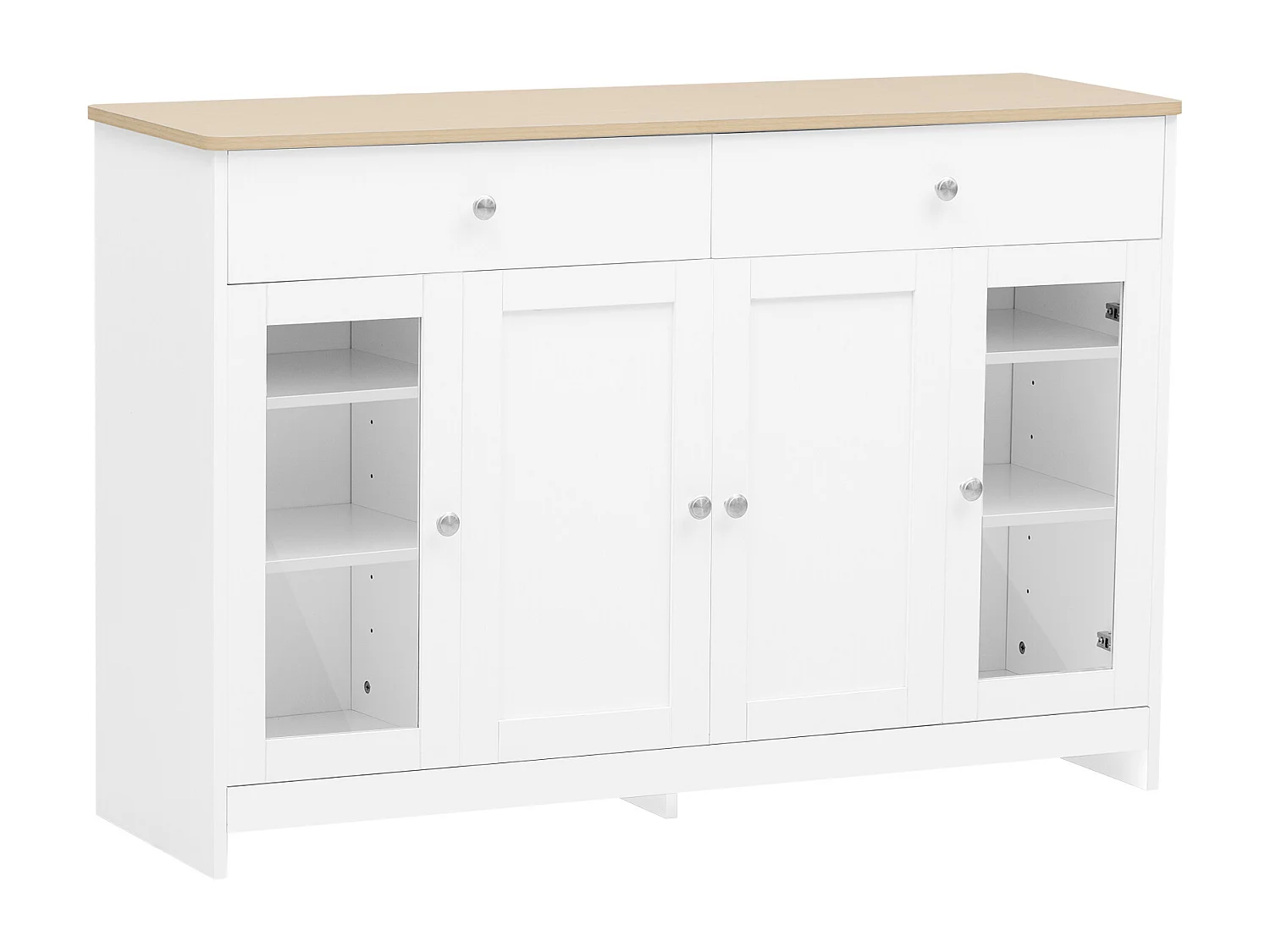 Buffet 120x37x80cm avec 4 portes et 2 tiroirs, blanc, plateau en finition bois naturel