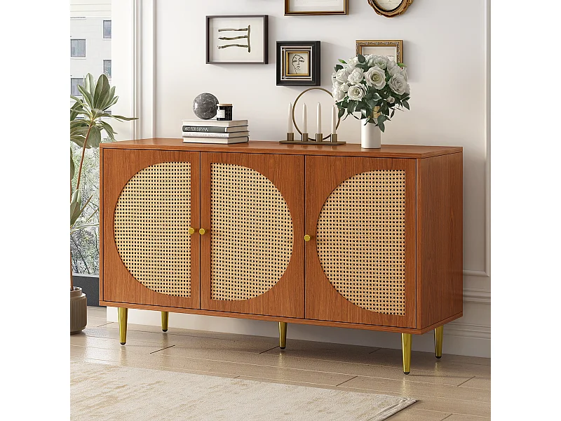 Buffet 129.8x40x76cm avec 3 portes en rotin, corps en placage noyer et pieds dorés