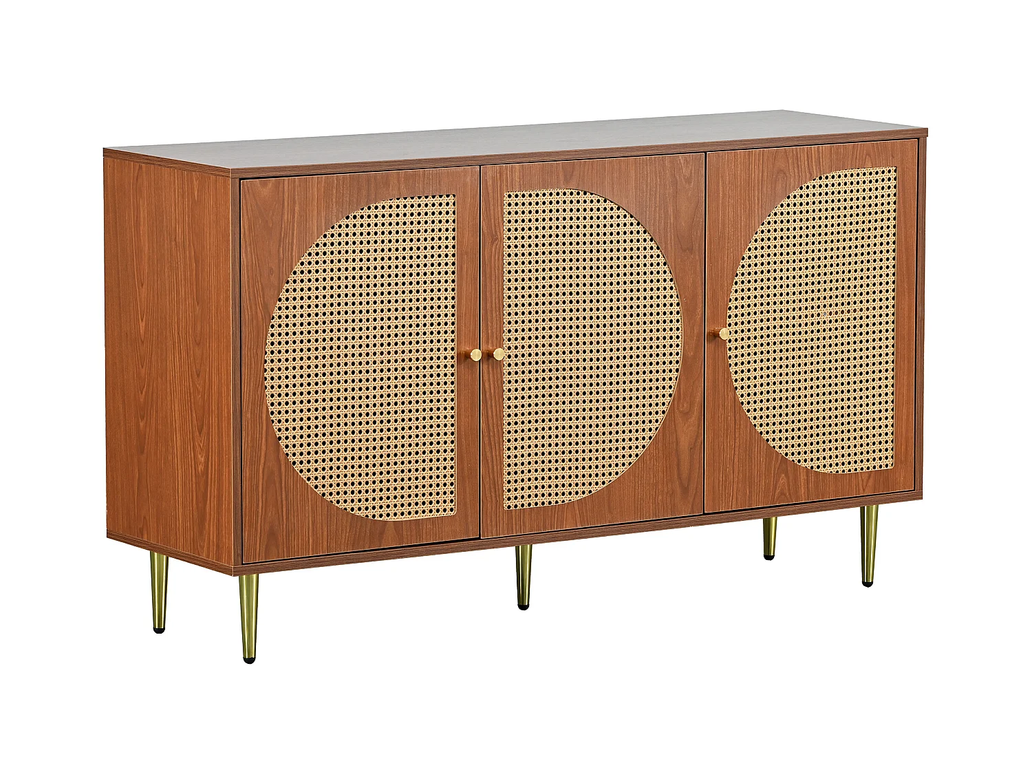 Buffet 129.8x40x76cm avec 3 portes en rotin, corps en placage noyer et pieds dorés