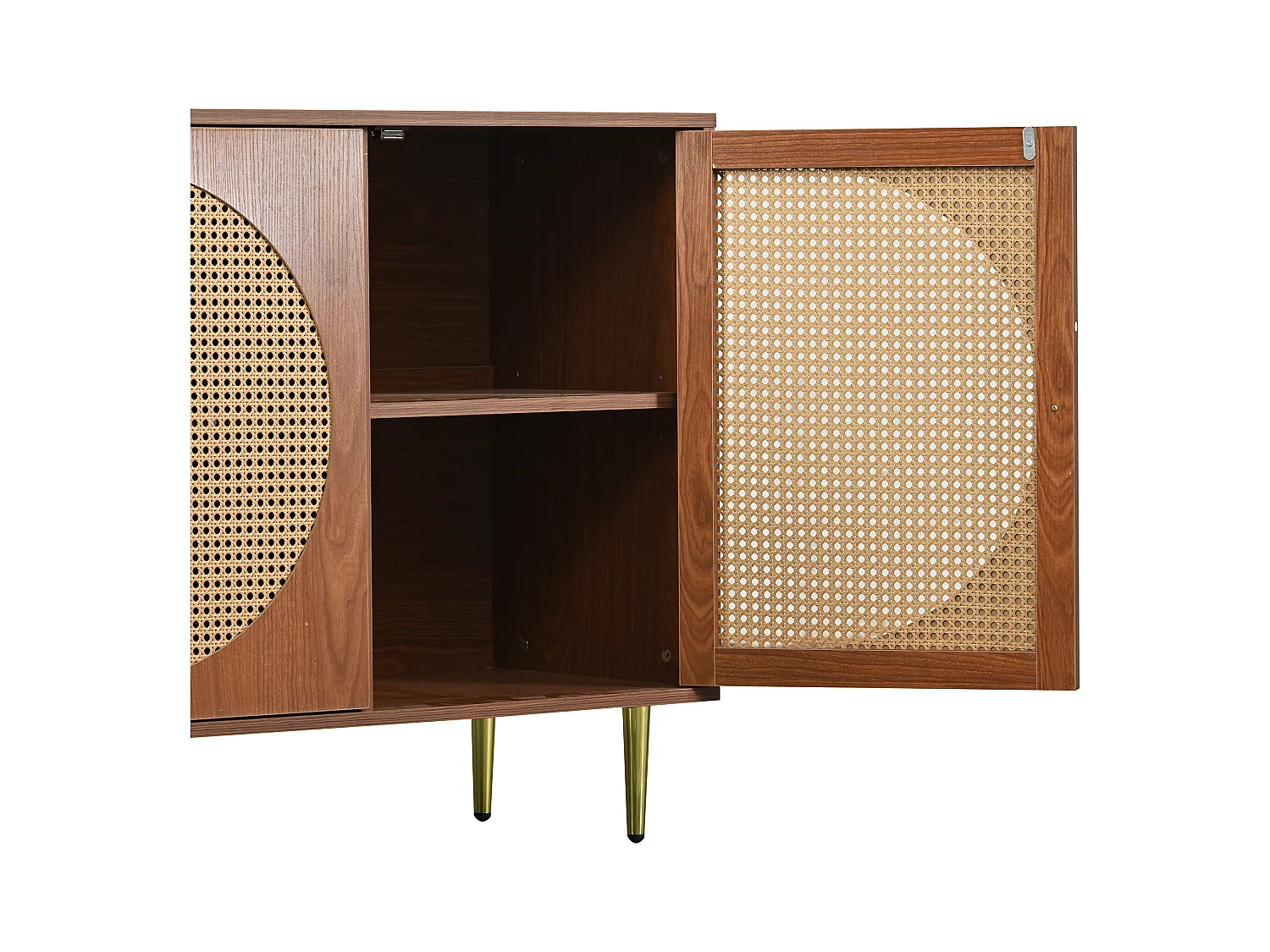 Buffet 129.8x40x76cm avec 3 portes en rotin, corps en placage noyer et pieds dorés