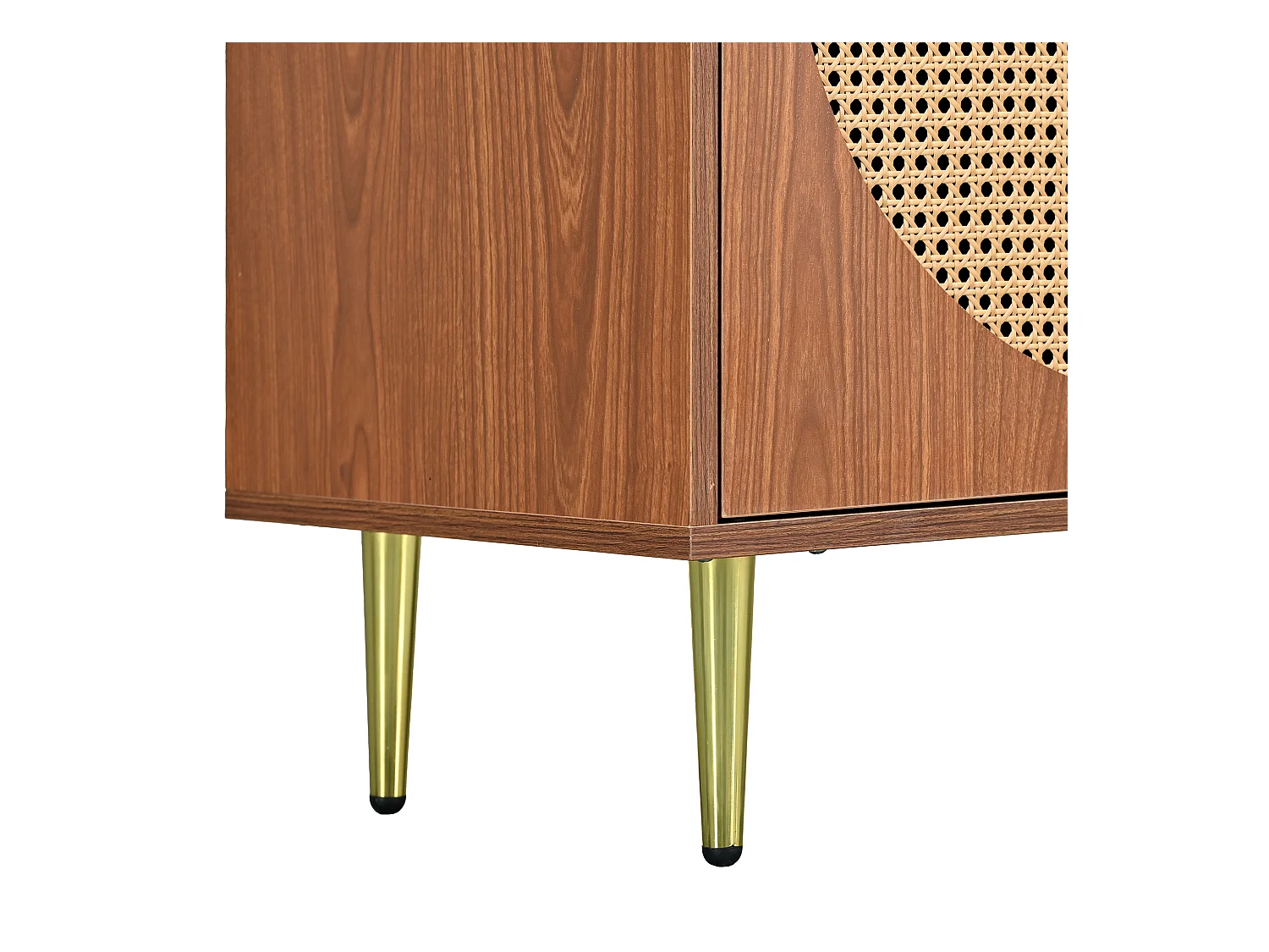 Buffet 129.8x40x76cm avec 3 portes en rotin, corps en placage noyer et pieds dorés