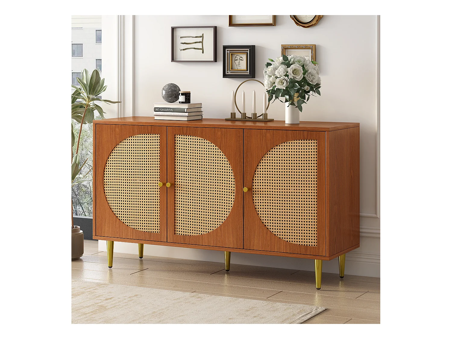 Buffet 129.8x40x76cm avec 3 portes en rotin, corps en placage noyer et pieds dorés