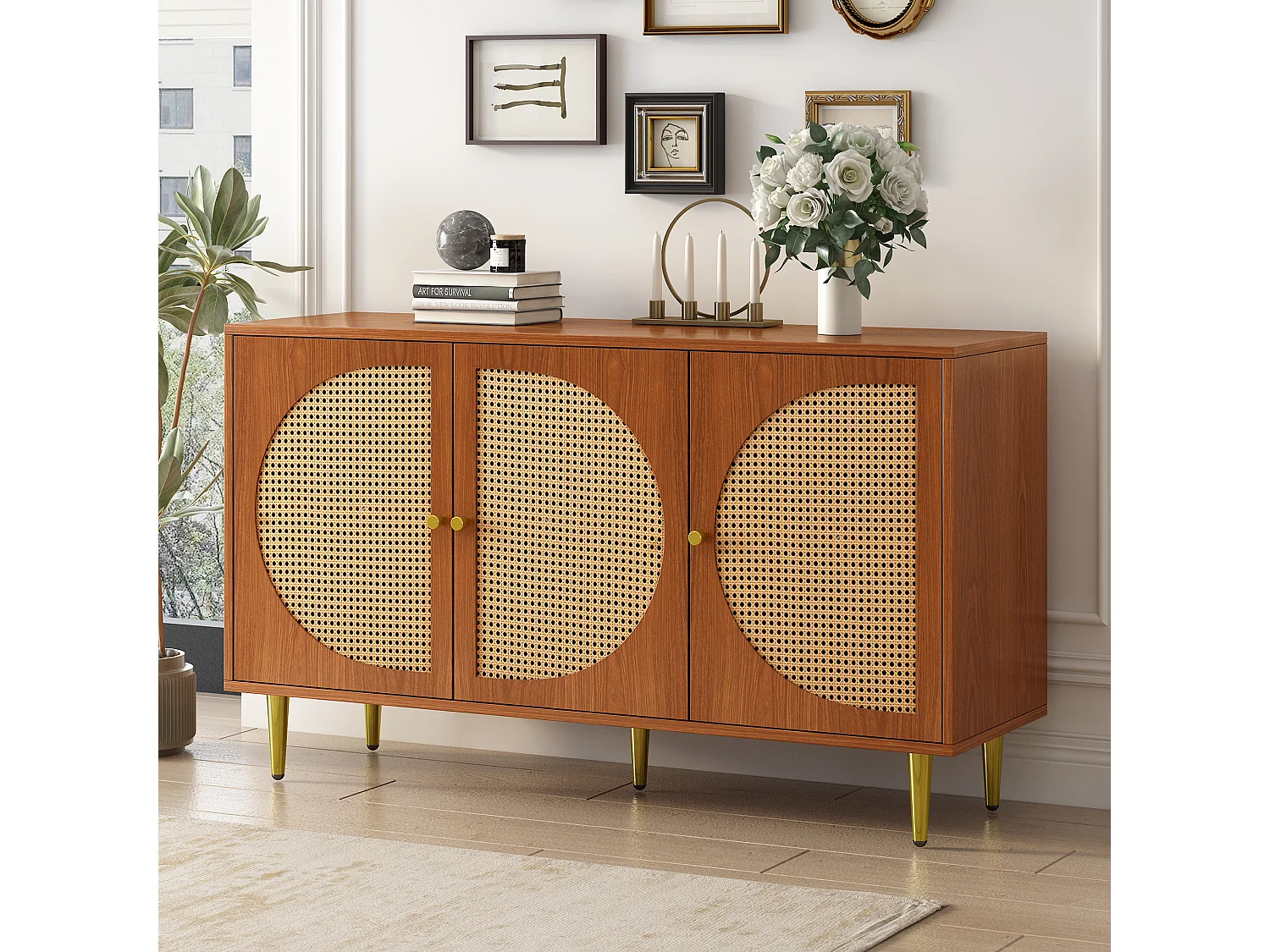 Buffet 129.8x40x76cm avec 3 portes en rotin, corps en placage noyer et pieds dorés