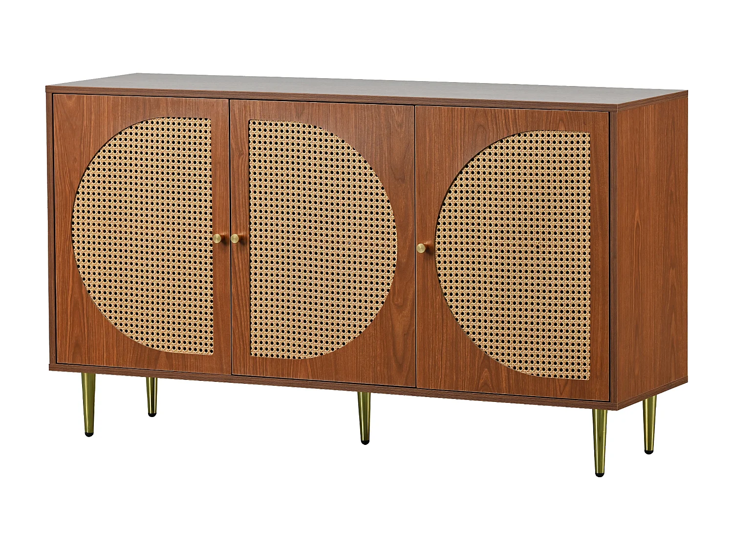 Buffet 129.8x40x76cm avec 3 portes en rotin, corps en placage noyer et pieds dorés