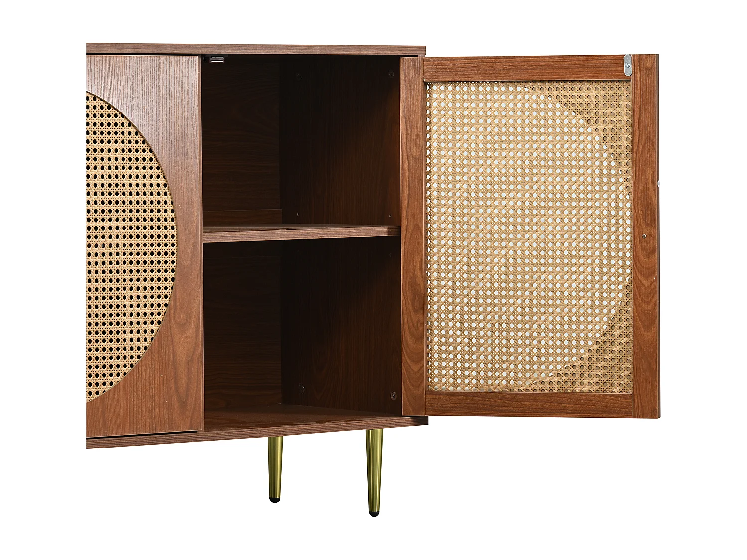 Buffet 129.8x40x76cm avec 3 portes en rotin, corps en placage noyer et pieds dorés