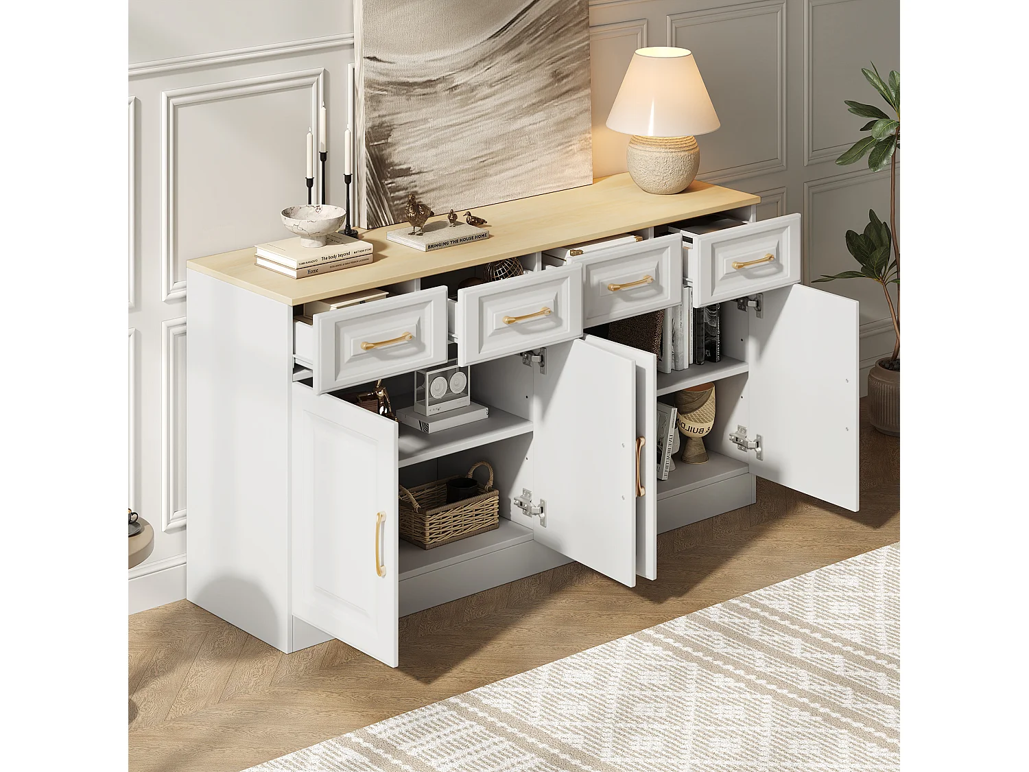 Credenza da cucina 140x40x75cm con 4 cassetti e ante, maniglie dorate, bianco e naturale chiaro